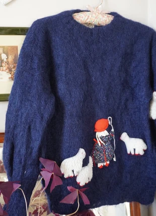 🐑 Vintage 80s Mohair Blend Jumper – Hand Appliqué Shepherdess & Sheep Knit, brand: Hand Knitted, condition: Very good, size: S / UK 8-10, £38.00, £40.60 includes Buyer Protection