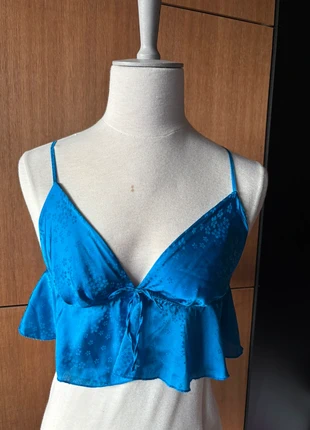 Top court bleu à volants dos nu – Primark – Taille L, marke: Primark, zustand: Sehr gut, größe: L / 40 / 12, 2,99 €, 3,84 € inklusive Vinted-Käuferschutz