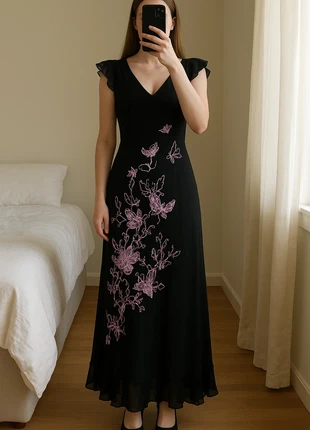 Robe longue noire – broderies papillons roses et violettes, brand: Boutique indépendante, condition: New without tags, size: XL / 42 / 14, €35.00, €37.45 includes Buyer Protection
