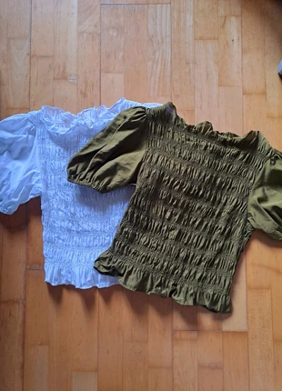 Lot de 2 hauts à manches bouffantes – vert & blanc, marque: H&M, état: Neuf sans étiquette, taille: S / 36 / 8, 7,00 €, 8,05 € Protection acheteurs incluse
