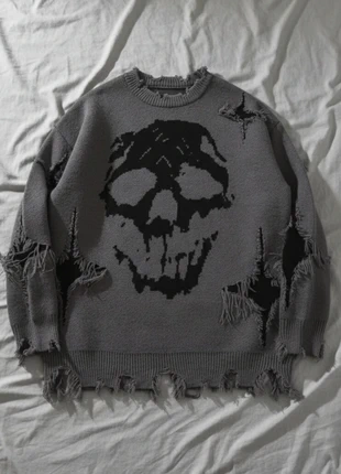 Pull Gris Noir Style Gothique Destroy Effet Usé Crâne Streetwear Unisexe, marque: Vintage Dressing, état: Très bon état, taille: L, 61,99 €, 65,79 € Protection acheteurs incluse