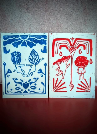 Duo Linogravures champignons et fleur 🍄🌻, marque: Art, état: Neuf sans étiquette, 9,90 €, 11,10 € Protection acheteurs incluse
