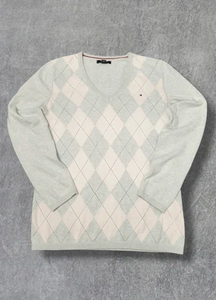 Pull femme Tommy Hilfiger à carreaux blanc et bleu ciel col V logo brodé 100% coton - M, brand: Tommy Hilfiger, condition: Good, size: M / 38 / 10, €24.00, €25.90 includes Buyer Protection