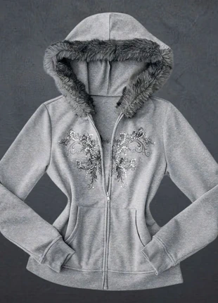 Hoodie gris fourré Y2K – fourrure + strass – Bratz aesthetic, marque: y2k, état: Neuf sans étiquette, taille: M / 38 / 10, 45,00 €, 47,95 € Protection acheteurs incluse