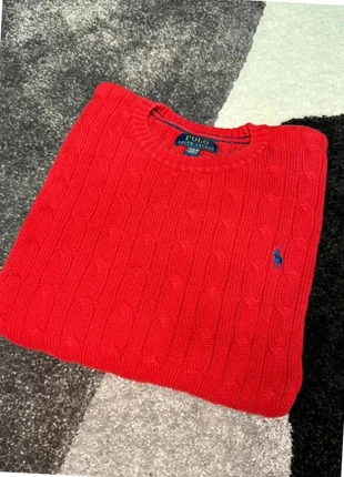 Pull torsadé / tricoté Ralph Lauren rouge logo brodée marine, merk: Ralph Lauren, staat: Heel goed, maat: XS, € 65,00, € 68,95 inclusief Kopersbescherming