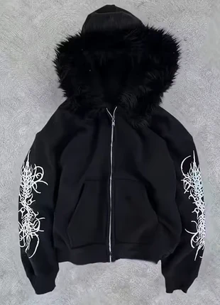 Sweat zippé noir fourrure Y2K gothique femme – Oversize, imprimé tribal, neuf, marque: y2k, état: Neuf sans étiquette, taille: M, 45,00 €, 47,95 € Protection acheteurs incluse