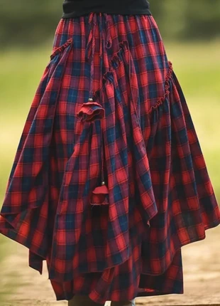 Jupe longue bohème à carreaux – Rouge & bleu – Coupe asymétrique – Taille M - style écossais, marca: Fashion, estado: Muito bom, tamanho: M / 38 / 10, €38.00, €40.60 inclui Proteção do Comprador
