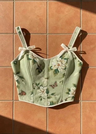 Corset fleuri vert à bretelles nouées, taille S, chic bohème rétro été, brand: Solira, condition: Very good, size: S / 36 / 8, €28.99, €31.14 includes Buyer Protection Pro