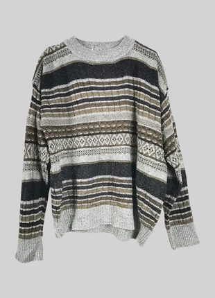 Pull vintage gris kaki rayé jacquard grunge oversize hiver retro pullover, condition: Very good, size: XXL / 44 / 16, €18.00, €19.60 includes Buyer Protection Pro