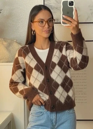 Cardigan doux à losanges marron crème, style rétro, taille M, marque: Vintage Love, état: Très bon état, taille: M / 38 / 10, 59,00 €, 62,65 € Protection acheteurs (Pro) incluse