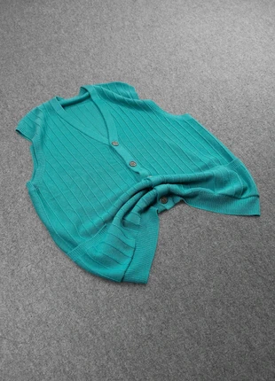 Cardigan Gilet sans Manches Vintage 80s en Maille Unie Vert / Bleu Turquoise Motifs Rayé (L), brand: Vintage Dressing, condition: Very good, size: L, €20.00, €21.70 includes Buyer Protection Pro