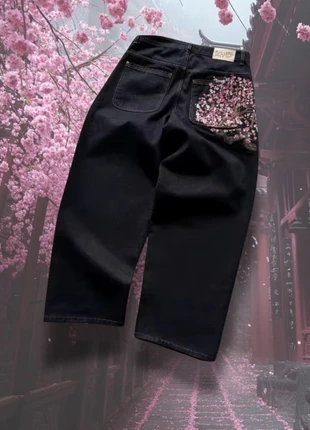 Jean baggy noir broderie fleur de cerisier - Large - Unisexe - Streetwear Y2K tendance, brand: y2k, condition: New without tags, size: M, €44.99, €47.94 includes Buyer Protection
