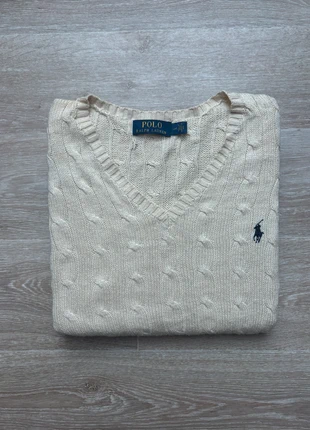 Pull torsadé à mailles d’hiver col V Ralph Lauren beige crème logo marine taille L, marque: Ralph Lauren, état: Très bon état, taille: L, 60,00 €, 63,70 € Protection acheteurs incluse