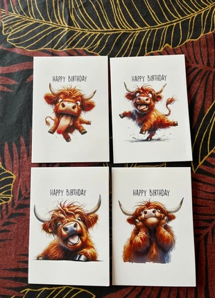 Set van 4 'Happy Birthday' kaarten vrolijke hooglander, staat: Nieuw met prijskaartje, € 3,75, € 4,64 inclusief Kopersbescherming