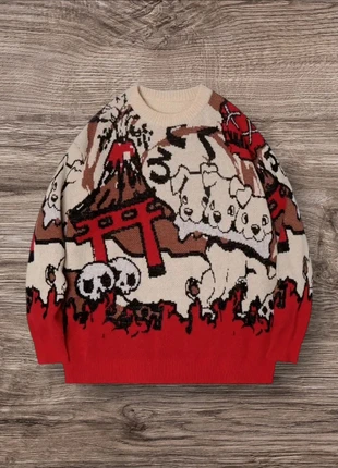 Knit Vintage Y2K Chiens Rouge Beige Taille S - Américain Old School USA 90s Streetwear Over, merk: y2k, staat: Heel goed, maat: S, € 57,95, € 61,55 inclusief Kopersbescherming Pro