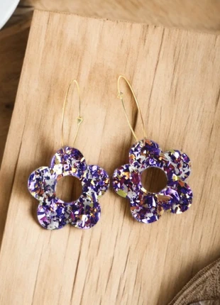 Boucles d’oreilles créoles trèfle dorées & violet pailletées, marca: Boutique vintage, estado: Muito bom, €4.50, €5.43 inclui Proteção do Comprador
