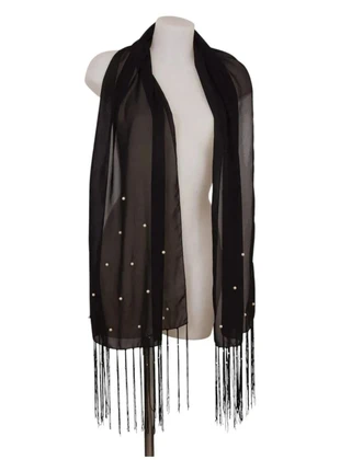 Écharpe noire en mousseline – perles décoratives – longues franges, marca: Vintage Dressing, estado: Muito bom, €12.00, €13.30 inclui Proteção do Comprador