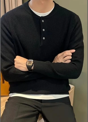 Pull homme col Henley tricot gaufré noir , doux et décontracté, manches longues, marque: Vintage Dressing, état: Très bon état, taille: M, 50,00 €, 53,20 € Protection acheteurs incluse