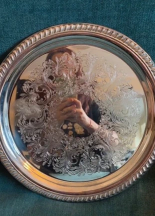 Vintage Silver-Plated Round Serving Tray – Ornate Floral Scroll Design, brand: NO LABEL, condition: Very good, £10.00, £11.20 includes Buyer Protection