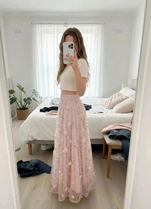 jupe longue rose poudré à fleurs 3d en tulle #003, marque: Jardin des Fées, état: Très bon état, taille: M / 38 / 10, 39,99 €, 42,69 € Protection acheteurs incluse