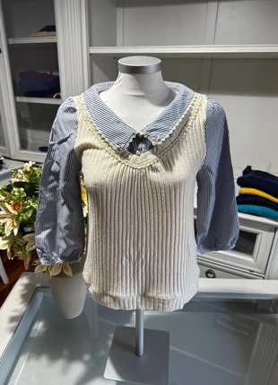 Axes Femme Cream Ribbed Knit & Striped Blouse Combo, Size M, merk: axes femme, staat: Heel goed, maat: M / 38 / 10, € 7,00, € 8,05 inclusief Kopersbescherming