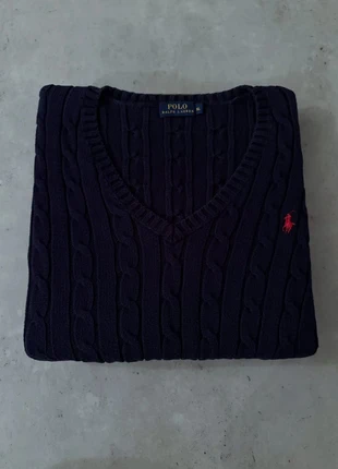 Pull torsadé Ralph Lauren bleu marine XL femme / col V / coton / logo rouge / classique chic, marke: Ralph Lauren, zustand: Sehr gut, größe: XL / 42 / 14, 65,00 €, 68,95 € inklusive Vinted-Käuferschutz