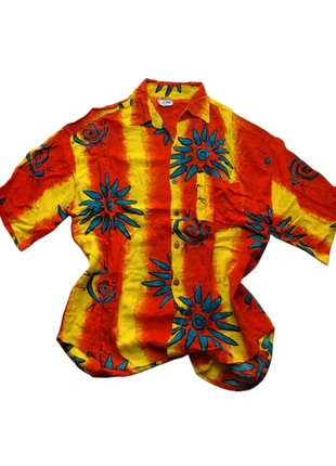 Chemise orange bleu vintage coloré à motif soleil y2k streetwear rétro summer print, marke: Vintage Dressing, zustand: Gut, größe: L, 6,90 €, 7,95 € inklusive Vinted-Käuferschutz