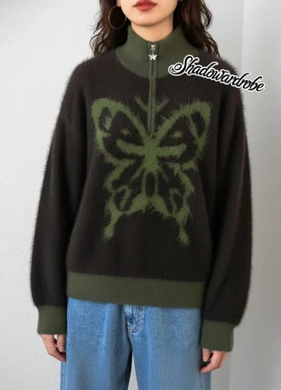 Pull Fluffy Papillon Marron et Vert Col Zippé Taille M Y2K/Grunge, brand: friperie, condition: Very good, size: M / 38 / 10, €43.90, €46.80 includes Buyer Protection