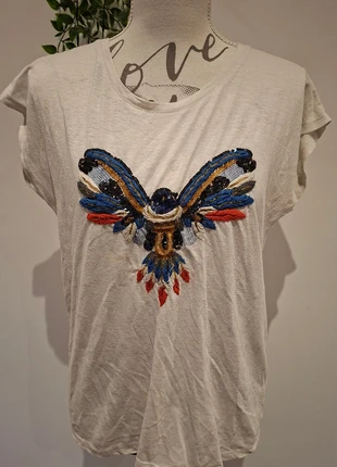 T-shirt blanc à motif brodé et sequins – esprit bohème, brand: Coton, condizioni: Buone, taglia: M / IT 42 / EU 38, €3.00, €3.85 include la Protezione acquisti