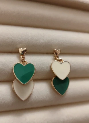 Trending Mismatched Double Heart Drop Earrings | Green & Cream Colour Block Enamel Dangles, brand: Oliver Bonas, condition: Very good, £8.23, £9.34 includes Buyer Protection