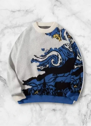 Pull bleu graphique inspiration vague taille M style streetwear oversize vintage y2k, marque: y2k, état: Très bon état, taille: M, 40,00 €, 42,70 € Protection acheteurs (Pro) incluse