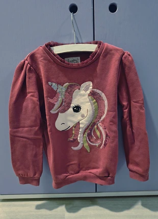 Sweater Happy Girls Eenhoorn met pailletten en kanten kraag maat 122, merk: C&A, staat: Heel goed, maat: 7 jaar / 122 cm, € 2,95, € 3,80 inclusief Kopersbescherming