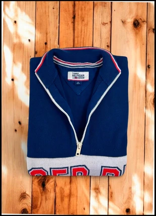 Pull 1/4 Zip,maille en denim/ Tommy Hilfiger BleuBlancRouge /Col camionneur /Taille S Homme vintage, brand: Tommy Hilfiger, condizioni: Ottime, taglia: S, €60.00, €63.70 include la Protezione acquisti Pro