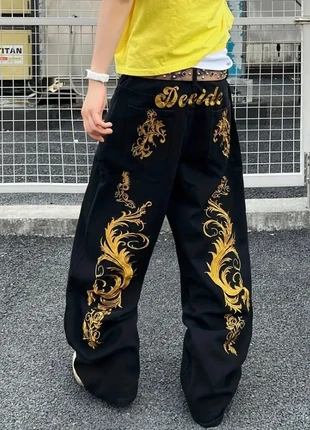 Jean noir brodé doré homme / pantalon wide leg baggy Y2K hip hop, jean broderies, brand: y2k, condition: Very good, size: M, €55.00, €58.45 includes Buyer Protection Pro
