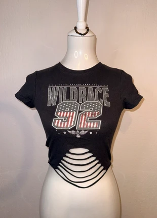 T-shirt crop top Wildrace 92 – style rock / US – découpe ajourée, marque: US, état: Très bon état, taille: XS / 34 / 6, 4,00 €, 4,90 € Protection acheteurs incluse