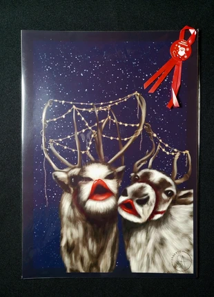 Handdrawn funny christmas poster (without frame) - reindeers, merk: Handgemaakt, staat: Nieuw met prijskaartje, € 4,95, € 5,90 inclusief Kopersbescherming