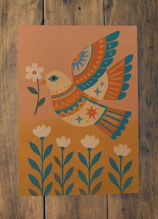 149 - Affiche A3 – Poster Colombe Folk – Style bohème & couleurs chaudes, marque: Upload Theory, état: Neuf sans étiquette, 10,00 €, 11,20 € Protection acheteurs (Pro) incluse