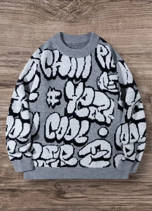 Pull Vintage Gris Blanc Graphitis Tags Taille L - Grunge 90s Y2K Knit Streetwear Retro Oversize, marque: y2k, état: Très bon état, taille: L, 58,99 €, 62,64 € Protection acheteurs (Pro) incluse