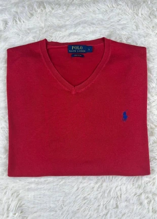 Pull à manche longue Polo Ralph Lauren rouge col en V logo brodé bleu nuit, brand: Ralph Lauren, condition: Very good, size: L, €29.49, €31.66 includes Buyer Protection
