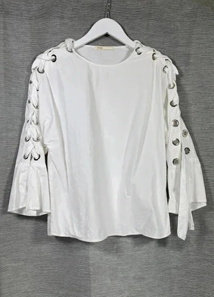Maje Top Blouse Size UK10 White Lace Up Sleeve Cotton Poplin Beach Holiday, brand: Maje, condition: Very good, size: S / UK 8-10, £8.00, £9.10 includes Buyer Protection