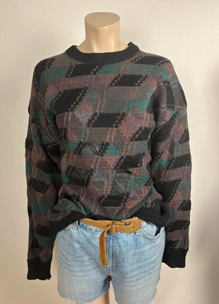 Vintage Chiamare geometric knit sweater L leather patch 90s abstract warm retro pullover rare, brand: Vintage Dressing, condition: Very good, size: L / 40 / 12, €19.90, €21.60 includes Buyer Protection