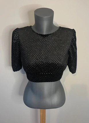 Crop top noir à pois brillants argentés, dos ouvert à nouer – Divided XS, marque: H&M, état: Très bon état, taille: XS / 34 / 6, 9,45 €, 10,62 € Protection acheteurs (Pro) incluse