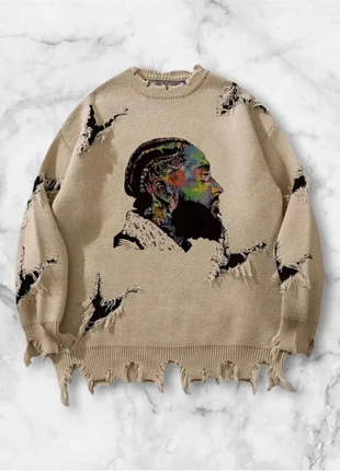 Pull beige effet usé avec portrait coloré, taille M, style streetwear artistique et vintage, marke: y2k, zustand: Sehr gut, größe: M, 40,00 €, 42,70 € beinhaltet Vinted-Käuferschutz Pro