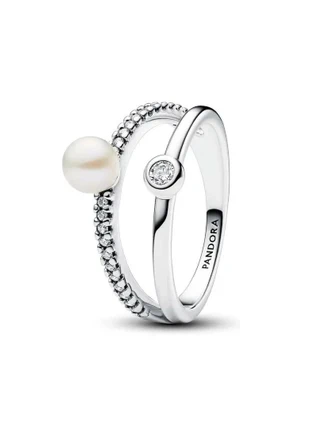 Bague en argent Pandora Double anneau Perle nacré de Culture d'Eau Douce Traitée & Pavé diamant, brand: Pandora, condizioni: Ottime, taglia: 17,3 mm Ø / 14,5, €30.00, €32.20 include la Protezione acquisti Pro