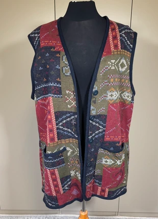 Vintage Ethnic Patchwork Boho Tribal Knit Vest Unisex 90s Festival Bodywarmer – Retro Gebreid Gilet, merk: Vintage Dressing, staat: Heel goed, maat: M / 38 / 10, € 10,00, € 11,20 inclusief Kopersbescherming