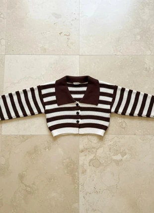 Cardigan court côtelé à rayures marron et crème – Col revers polo Taille S, brand: culorera, condition: Very good, size: S / 36 / 8, €48.90, €52.05 includes Buyer Protection