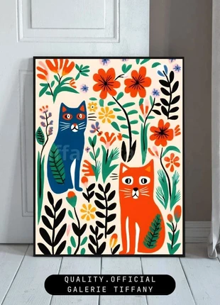 Affiche – Poster A3 Chats colorés illustration florale moderne, merk: Tendance, staat: Heel goed, € 10,00, € 11,20 inclusief Kopersbescherming Pro