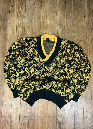 Pull maille vintage col V laine motifs moutarde noir L, marque: Vintage Dressing, état: Bon état, taille: L, 14,00 €, 15,40 € Protection acheteurs (Pro) incluse