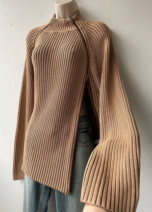 Pull zippé asymétrique beige côtelé / Beige ribbed asymmetric double zip knit, marque: Vintage Dressing, état: Très bon état, taille: XL / 42 / 14, 42,00 €, 44,80 € Protection acheteurs incluse