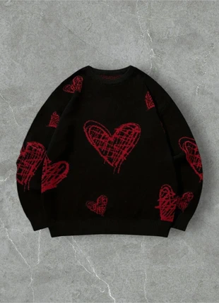Pull Sweat Knit Vintage Y2K Motifs Coeur Rouge Noir Taille M - Old School USA 90s, marque: y2k, état: Très bon état, taille: M, 52,00 €, 55,30 € Protection acheteurs incluse